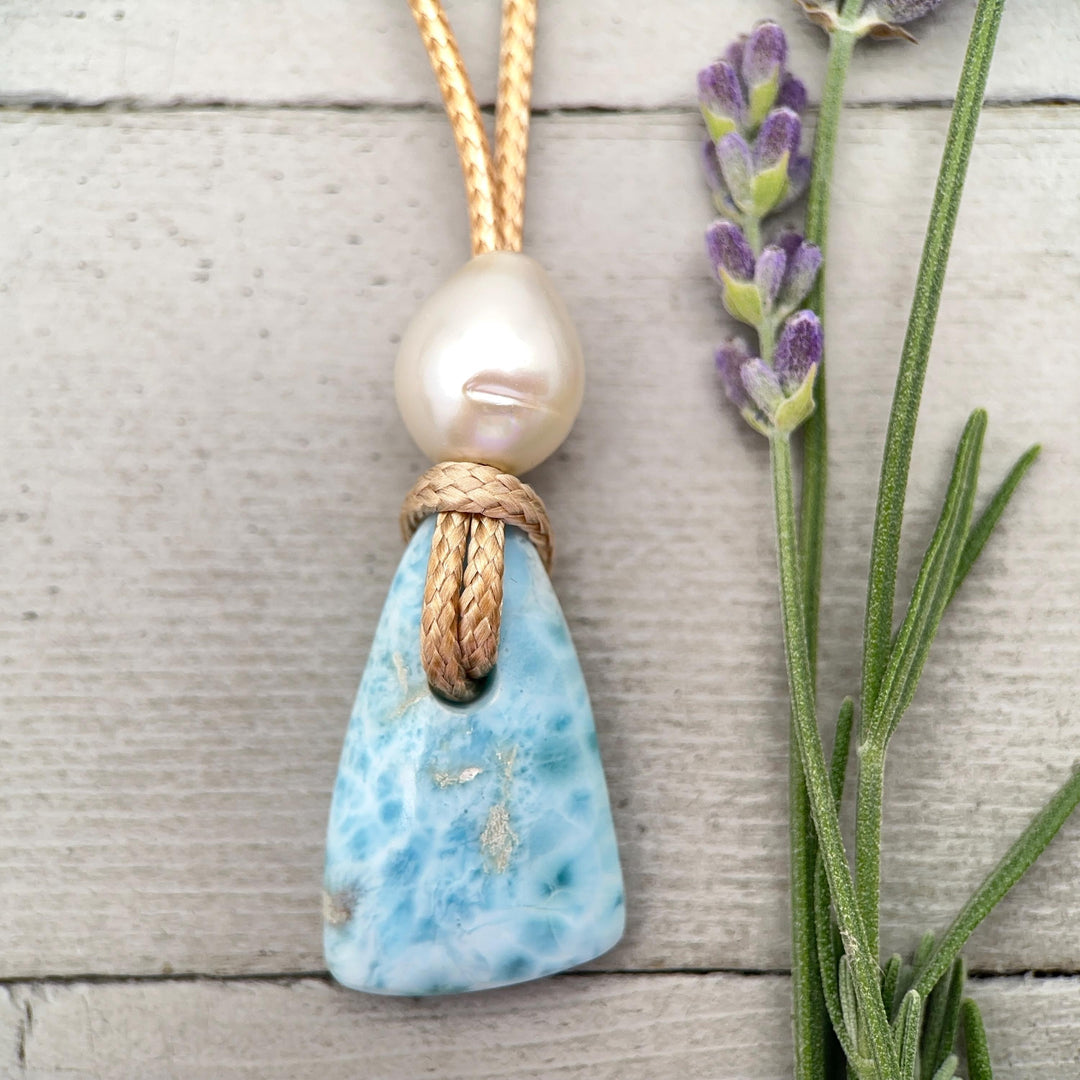 Larimar and Freshwater Pearl Necklace - Dominican Larimar Vegan Cord Necklace - Ocean Inspired Gift - SunlightSilver