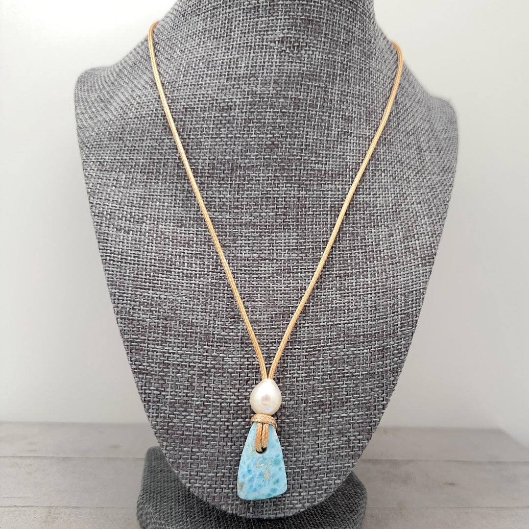 Larimar and Rustic Brown Leather Necklace with Freshwater Pearl - SunlightSilver