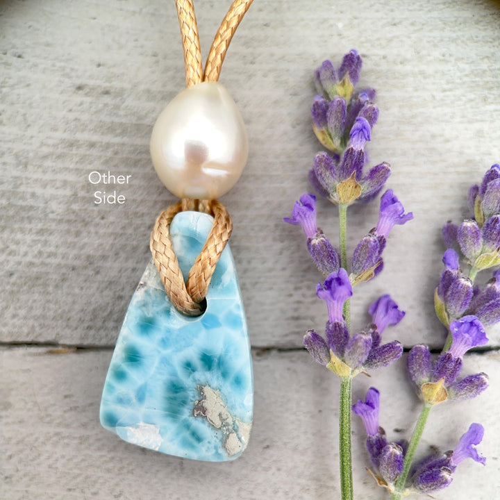 Larimar and Rustic Brown Leather Necklace with Freshwater Pearl - SunlightSilver