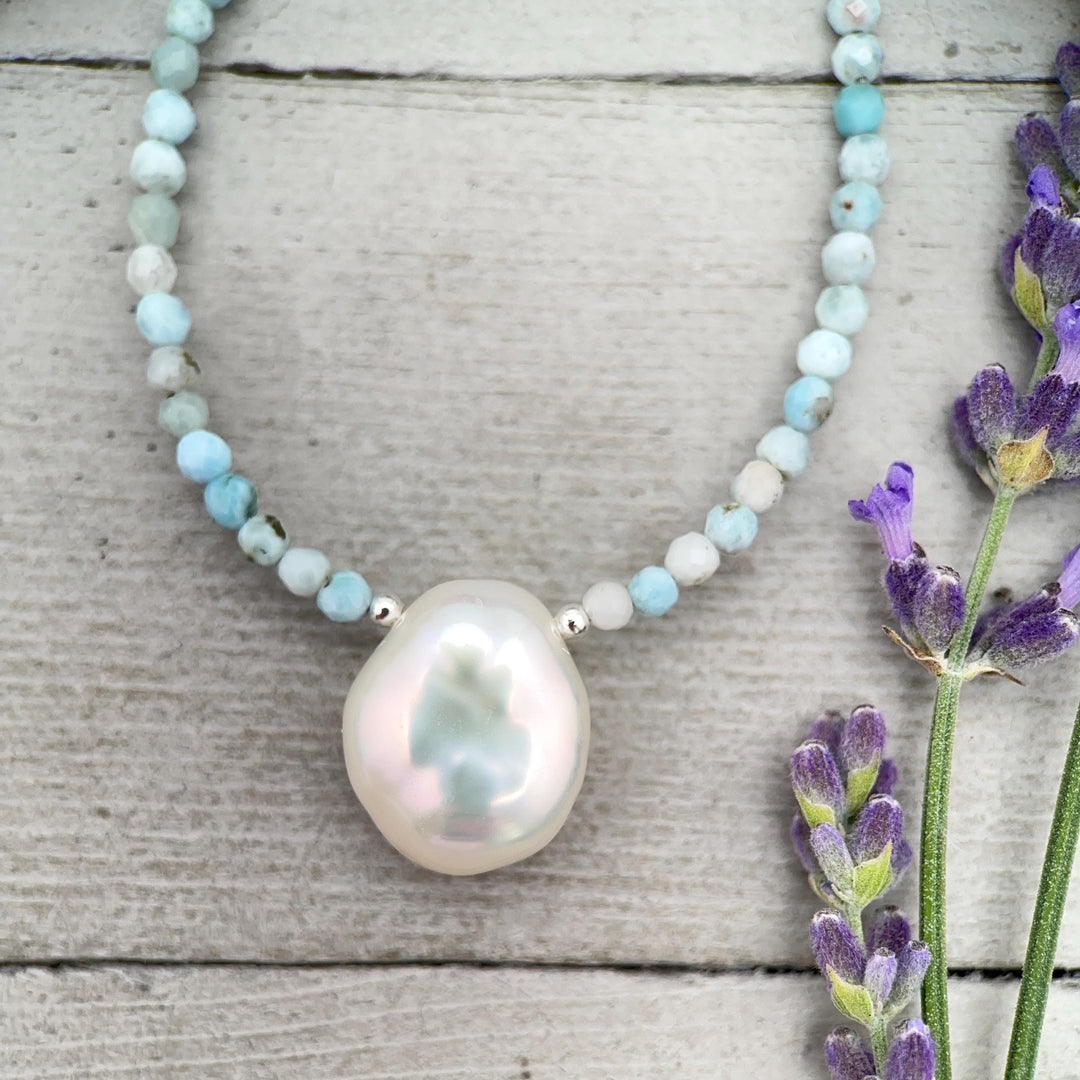 Larimar and Keshi Pearl Necklace - Genuine Blue Larimar Beaded, White Keshi Pearl, Sterling Silver - Ocean Inspired Jewelry - SunlightSilver