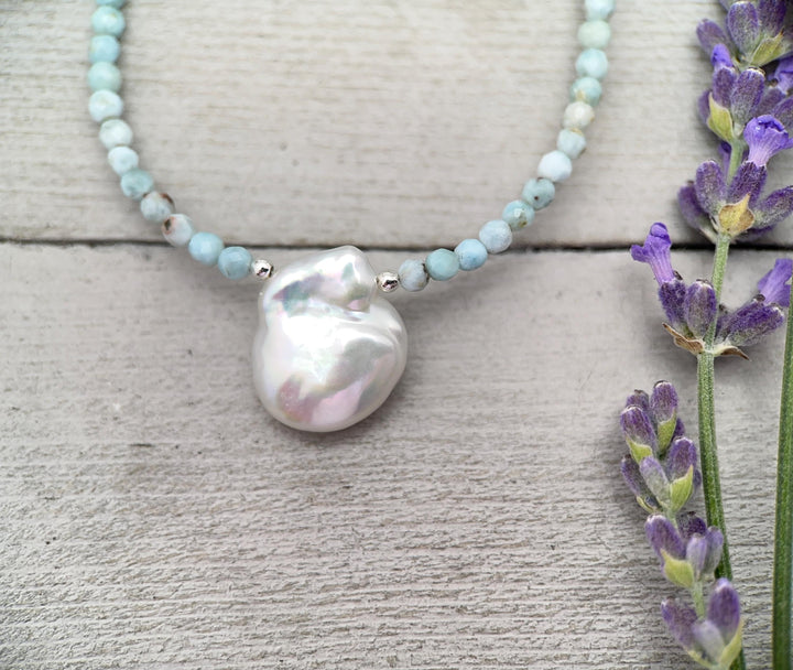 Larimar and Keshi Pearl Necklace - Genuine Blue Larimar Beaded, White Keshi Pearl, Sterling Silver - Ocean Inspired Jewelry - SunlightSilver