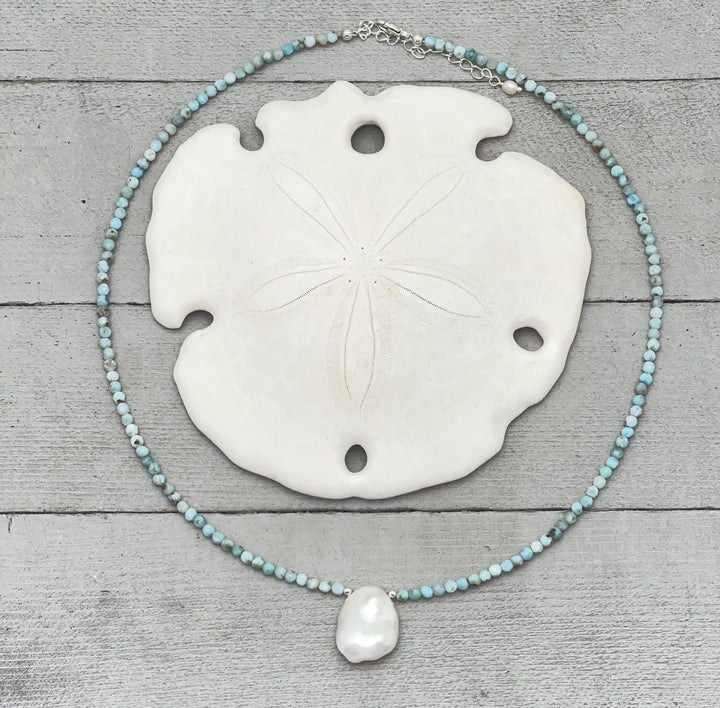 Larimar and Keshi Pearl Necklace - Genuine Blue Larimar Beaded, White Keshi Pearl, Sterling Silver - Ocean Inspired Jewelry - SunlightSilver