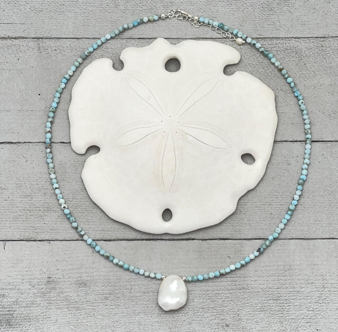 Larimar and Keshi Pearl Necklace - Genuine Blue Larimar Beaded, White Keshi Pearl, Sterling Silver - Ocean Inspired Jewelry - SunlightSilver