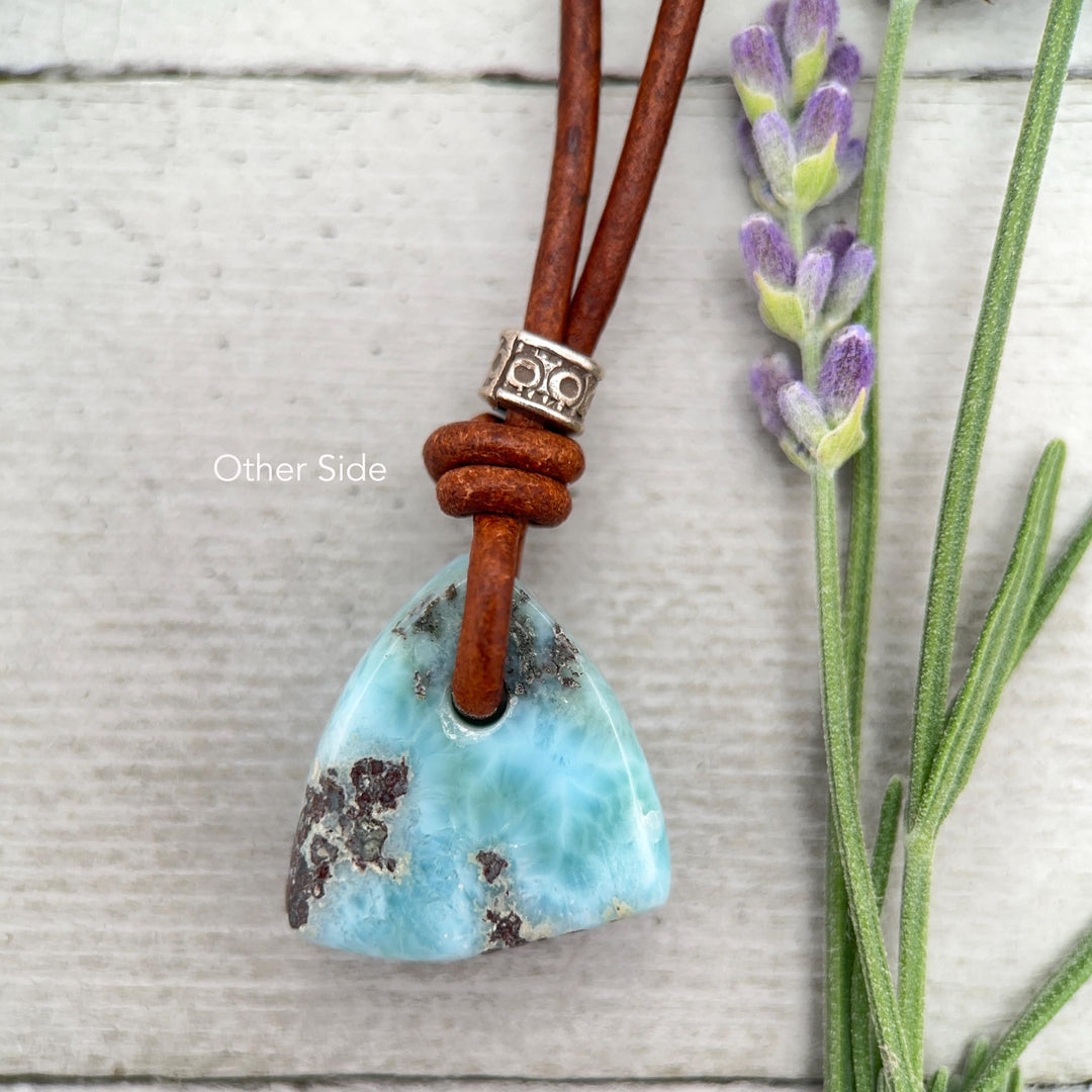 Larimar Crystal Pendant Necklace | Sterling Silver, White Freshwater Pearls, and Rustic Brown Leather Necklace - SunlightSilver