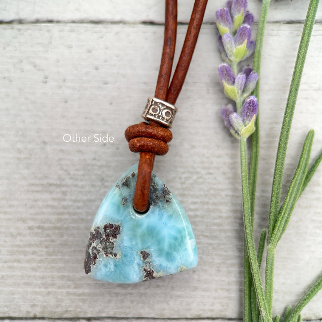 Larimar Crystal Pendant Necklace | Sterling Silver, White Freshwater Pearls, and Rustic Brown Leather Necklace - SunlightSilver