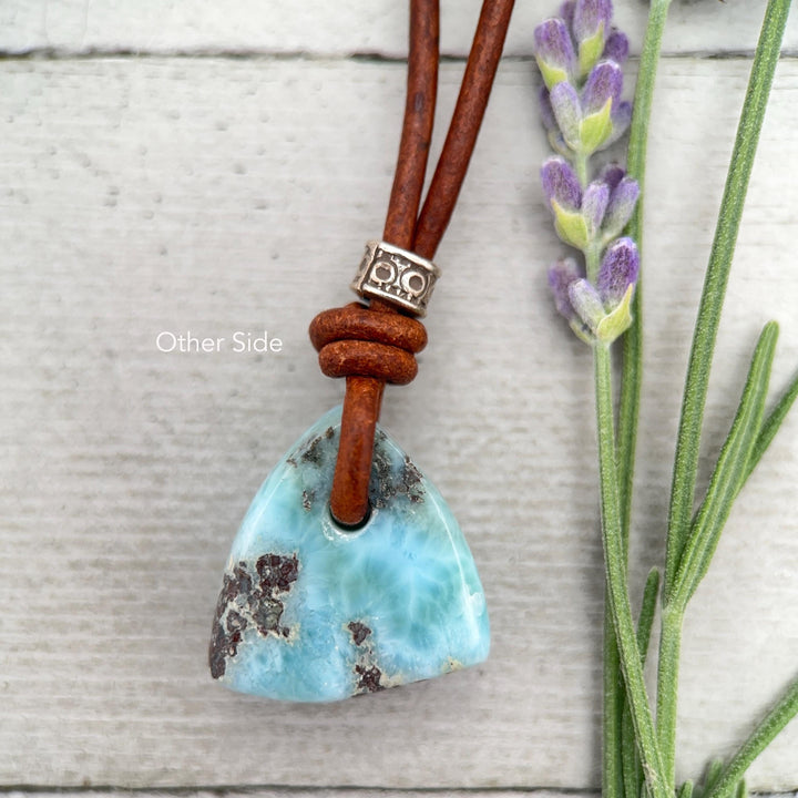 Larimar Crystal Pendant Necklace | Sterling Silver, White Freshwater Pearls, and Rustic Brown Leather Necklace - SunlightSilver
