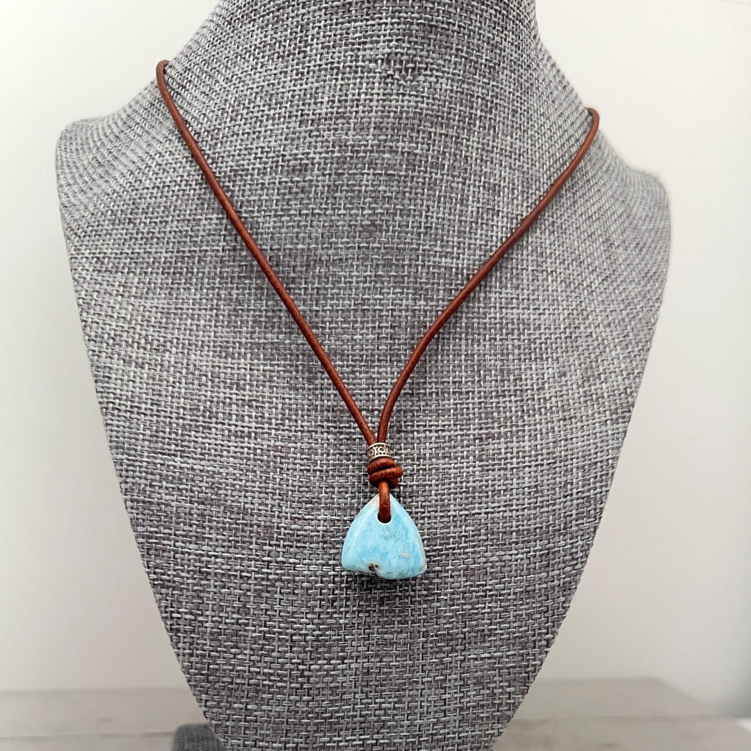 Larimar Crystal Pendant Necklace | Sterling Silver, White Freshwater Pearls, and Rustic Brown Leather Necklace - SunlightSilver