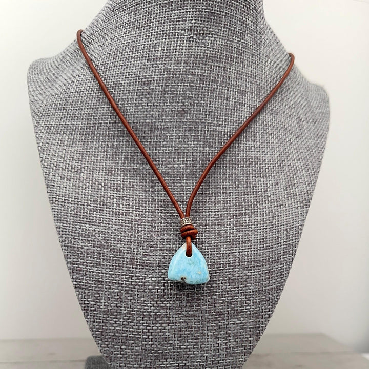 Larimar Crystal Pendant Necklace | Sterling Silver, White Freshwater Pearls, and Rustic Brown Leather Necklace - SunlightSilver