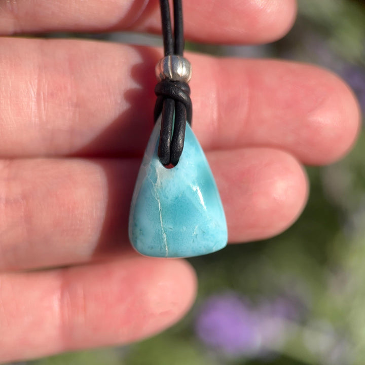 Larimar Crystal and Black Leather Pendant Necklace | Genuine Larimar & Sterling Silver Jewelry - SunlightSilver