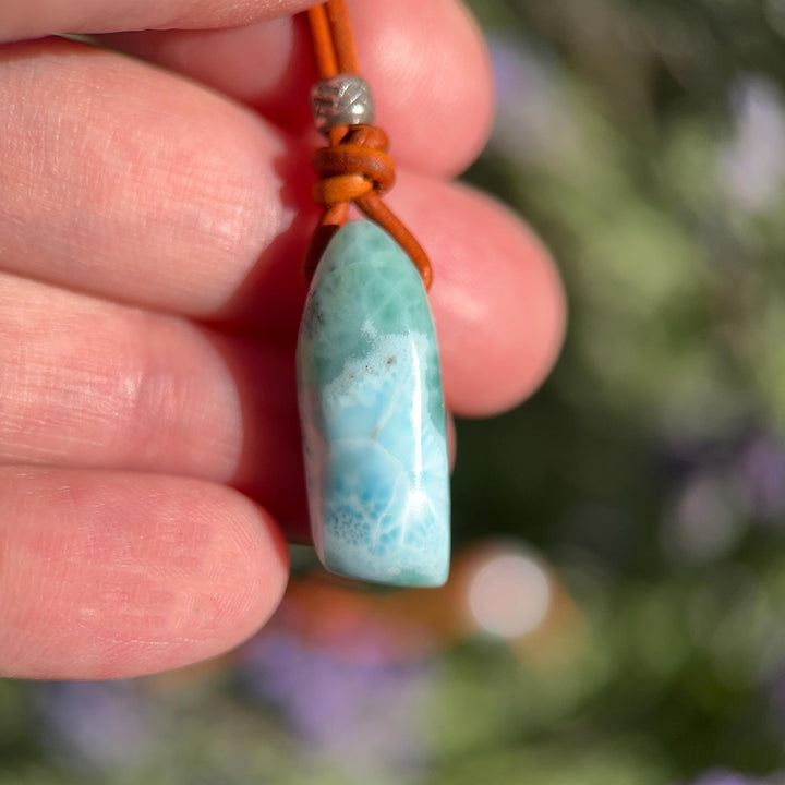 Larimar Crystal Pendant Necklace | Sterling Silver, White Freshwater Pearls, and Light Brown Leather Necklace - SunlightSilver
