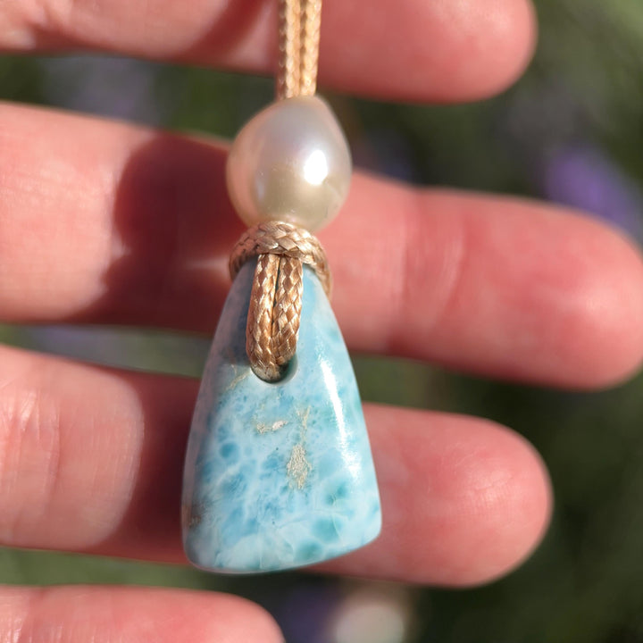 Larimar and Freshwater Pearl Necklace - Dominican Larimar Vegan Cord Necklace - Ocean Inspired Gift - SunlightSilver
