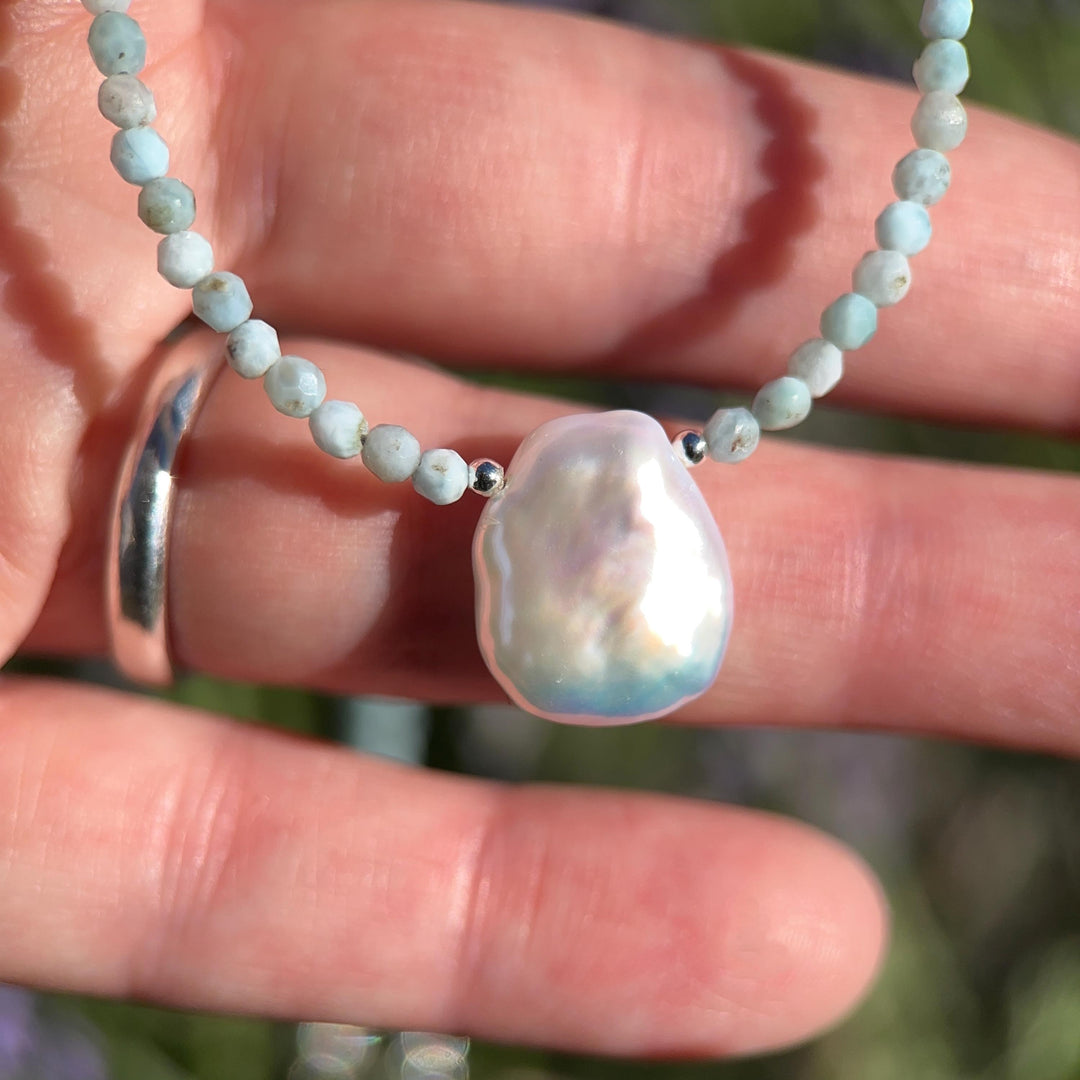 Larimar and Keshi Pearl Necklace - Genuine Blue Larimar Beaded, White Keshi Pearl, Sterling Silver - Ocean Inspired Jewelry - SunlightSilver