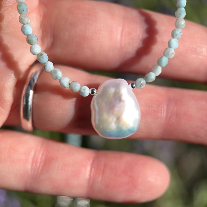 Larimar and Keshi Pearl Necklace - Genuine Blue Larimar Beaded, White Keshi Pearl, Sterling Silver - Ocean Inspired Jewelry - SunlightSilver