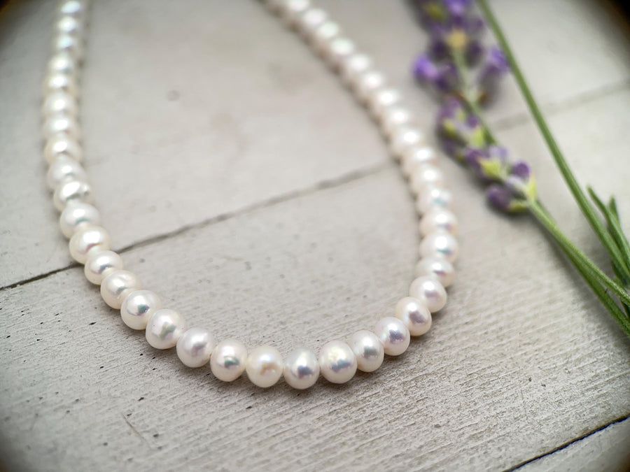 White Nearly Round Pearl Necklace - Sterling Silver - Dainty Pearl Choker, Freshwater Pearl Jewelry, Bridal Classic Pearl Gift - SunlightSilver