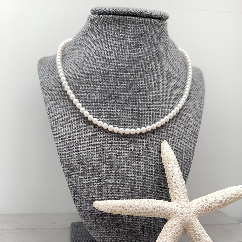 White Nearly Round Pearl Necklace - Sterling Silver - Dainty Pearl Choker, Freshwater Pearl Jewelry, Bridal Classic Pearl Gift - SunlightSilver