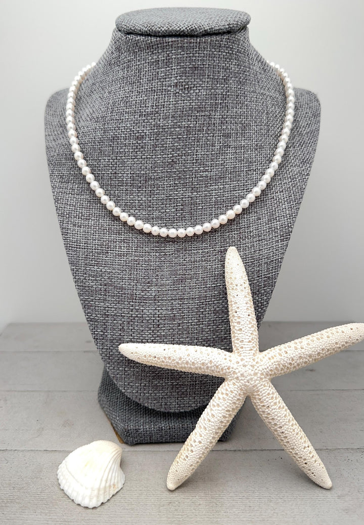 White Nearly Round Pearl Necklace - Sterling Silver - Dainty Pearl Choker, Freshwater Pearl Jewelry, Bridal Classic Pearl Gift - SunlightSilver