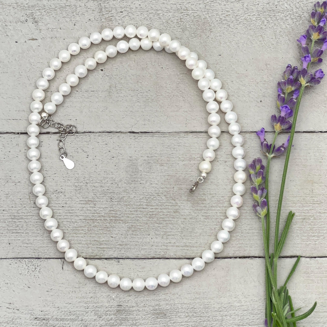 White Nearly Round Pearl Necklace - Sterling Silver - Dainty Pearl Choker, Freshwater Pearl Jewelry, Bridal Classic Pearl Gift - SunlightSilver