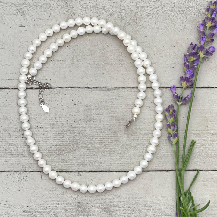 White Nearly Round Pearl Necklace - Sterling Silver - Dainty Pearl Choker, Freshwater Pearl Jewelry, Bridal Classic Pearl Gift - SunlightSilver