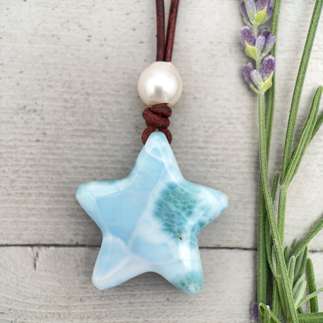 Larimar Star Necklace - Genuine Larimar Pendant, Leather Necklace, Blue Larimar Jewelry, Ocean Inspired Gift - SunlightSilver