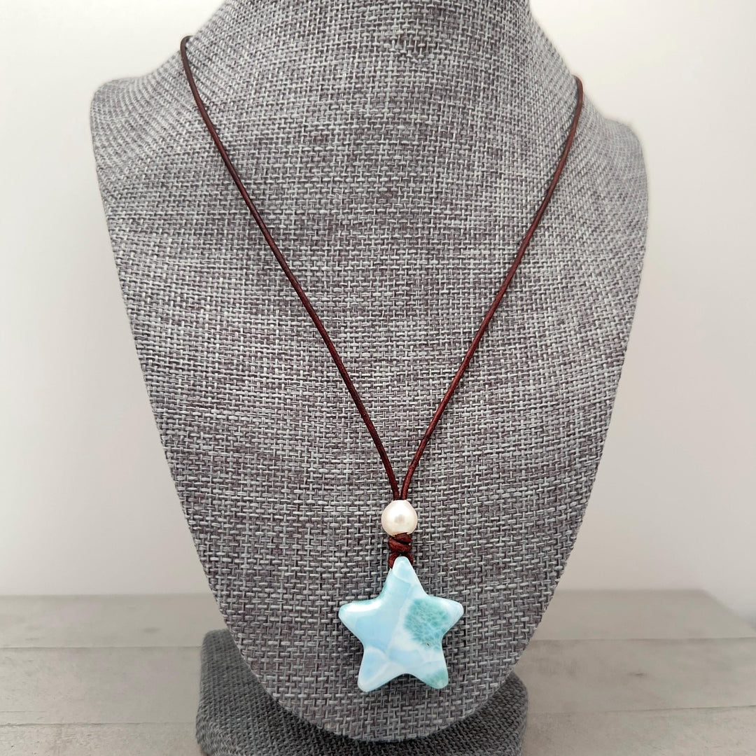 Larimar Star Necklace - Genuine Larimar Pendant, Leather Necklace, Blue Larimar Jewelry, Ocean Inspired Gift - SunlightSilver