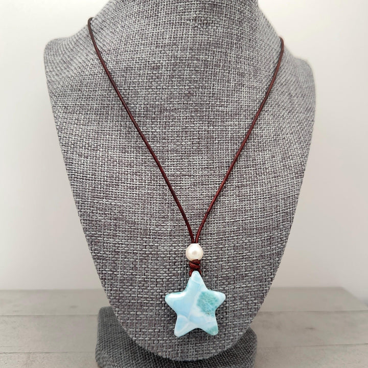 Larimar Star Necklace - Genuine Larimar Pendant, Leather Necklace, Blue Larimar Jewelry, Ocean Inspired Gift - SunlightSilver