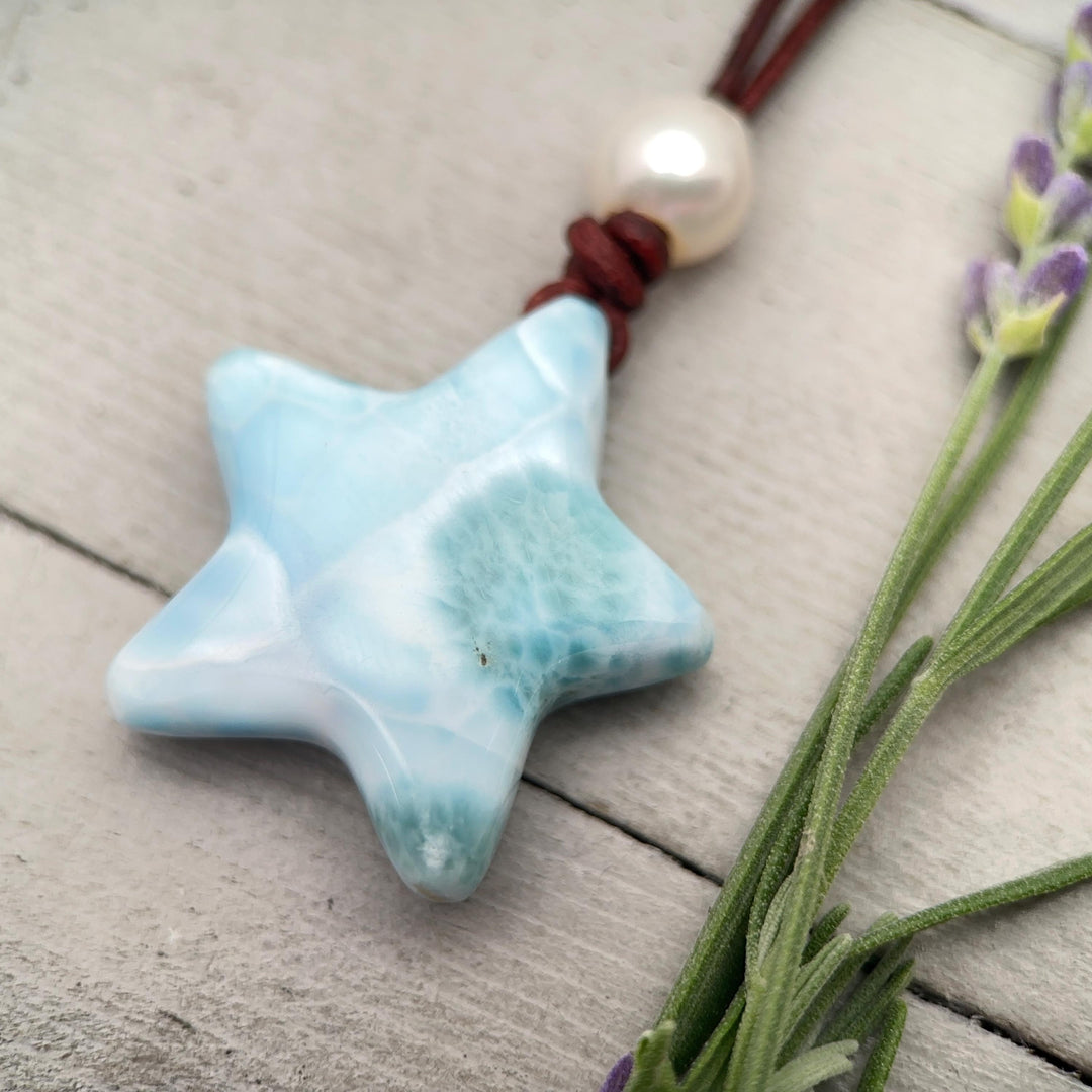Larimar Star Necklace - Genuine Larimar Pendant, Leather Necklace, Blue Larimar Jewelry, Ocean Inspired Gift - SunlightSilver