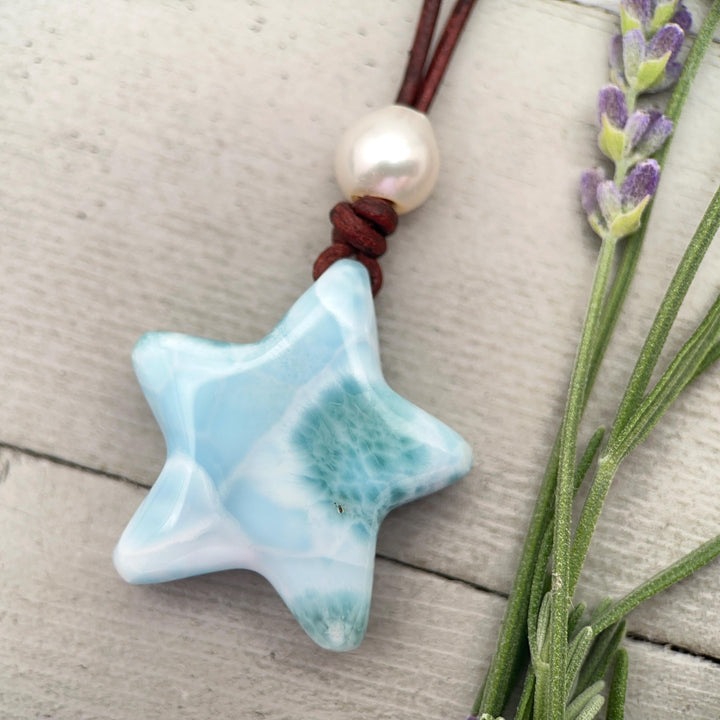 Larimar Star Necklace - Genuine Larimar Pendant, Leather Necklace, Blue Larimar Jewelry, Ocean Inspired Gift - SunlightSilver