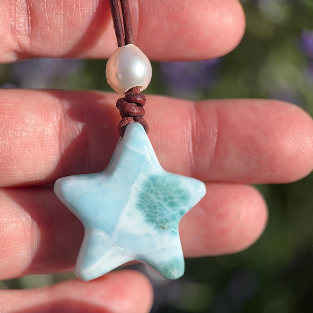 Larimar Star Necklace - Genuine Larimar Pendant, Leather Necklace, Blue Larimar Jewelry, Ocean Inspired Gift - SunlightSilver