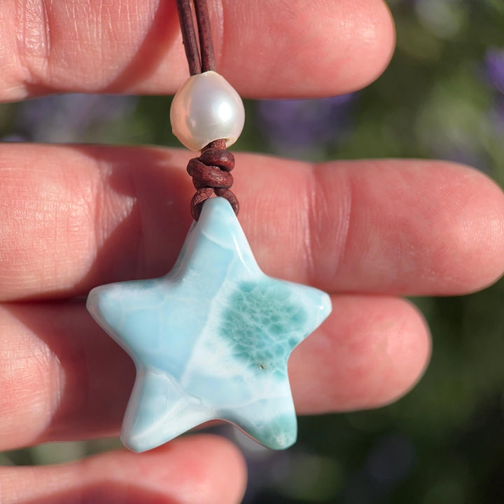 Larimar Star Necklace - Genuine Larimar Pendant, Leather Necklace, Blue Larimar Jewelry, Ocean Inspired Gift - SunlightSilver