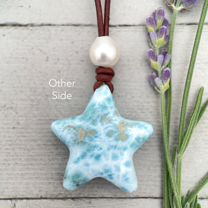 Larimar Star Necklace - Genuine Larimar Pendant, Leather Necklace, Blue Larimar Jewelry, Ocean Inspired Gift - SunlightSilver