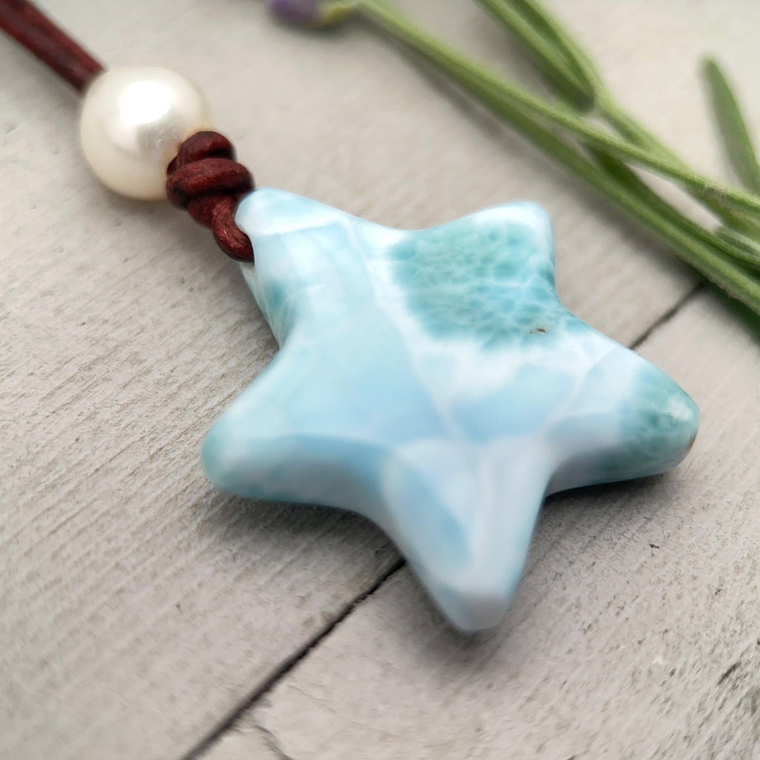 Larimar Star Necklace - Genuine Larimar Pendant, Leather Necklace, Blue Larimar Jewelry, Ocean Inspired Gift - SunlightSilver