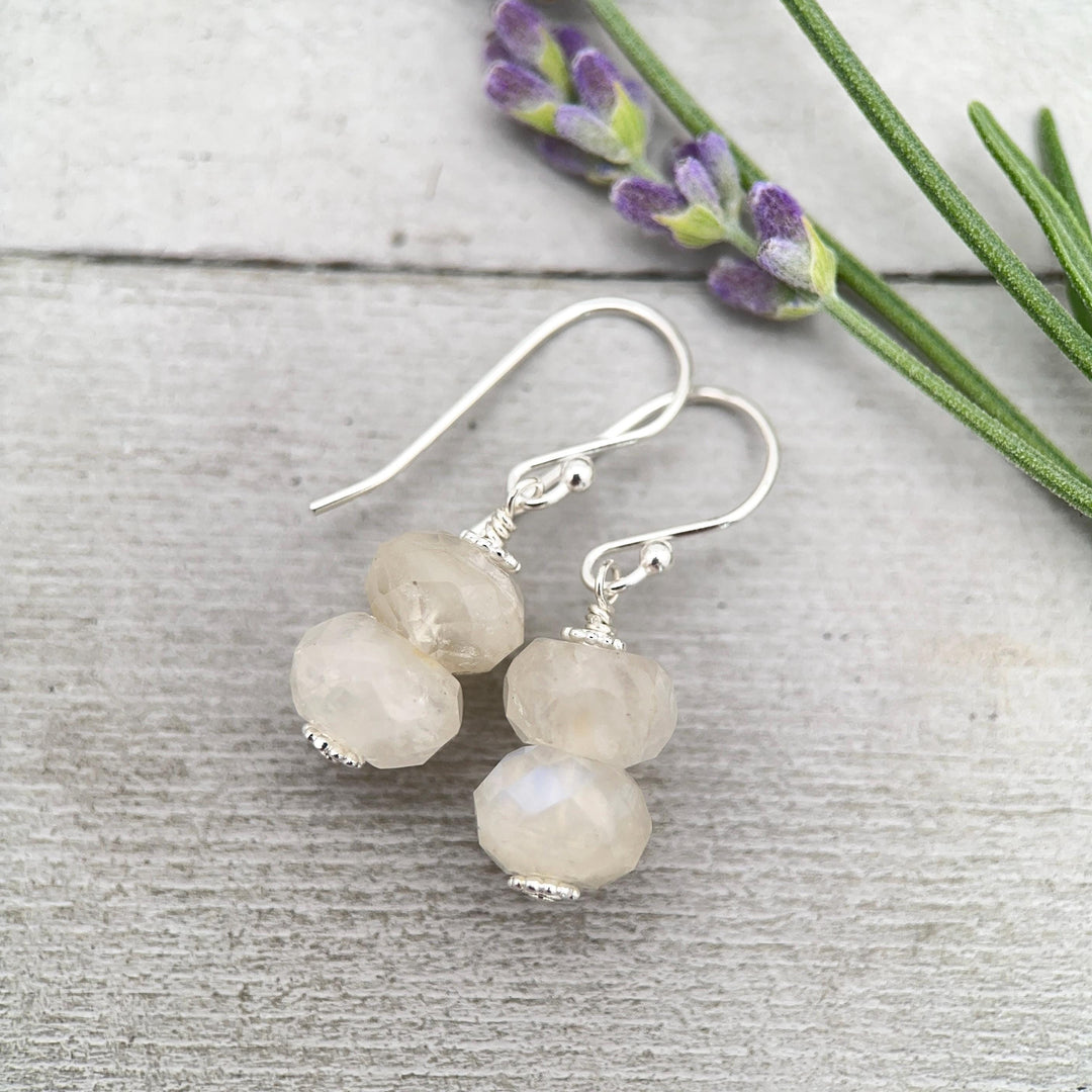 Faceted Moonstone and Sterling Silver Earrings. Flashy Glowing Stones - SunlightSilver