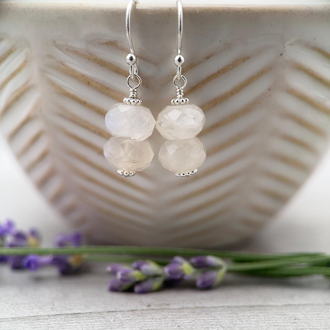 Faceted Moonstone and Sterling Silver Earrings. Flashy Glowing Stones - SunlightSilver