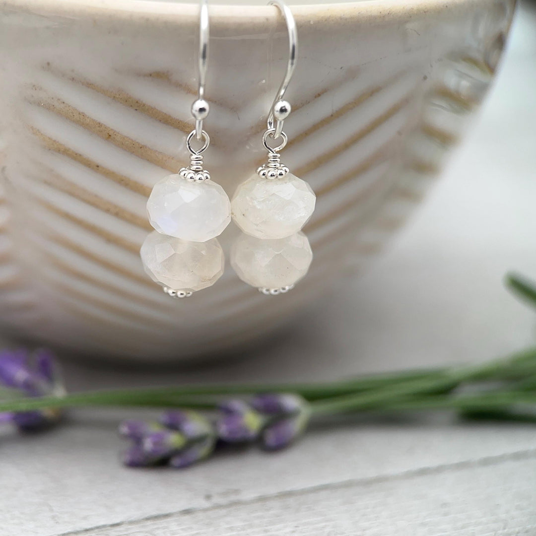 Faceted Moonstone and Sterling Silver Earrings. Flashy Glowing Stones - SunlightSilver