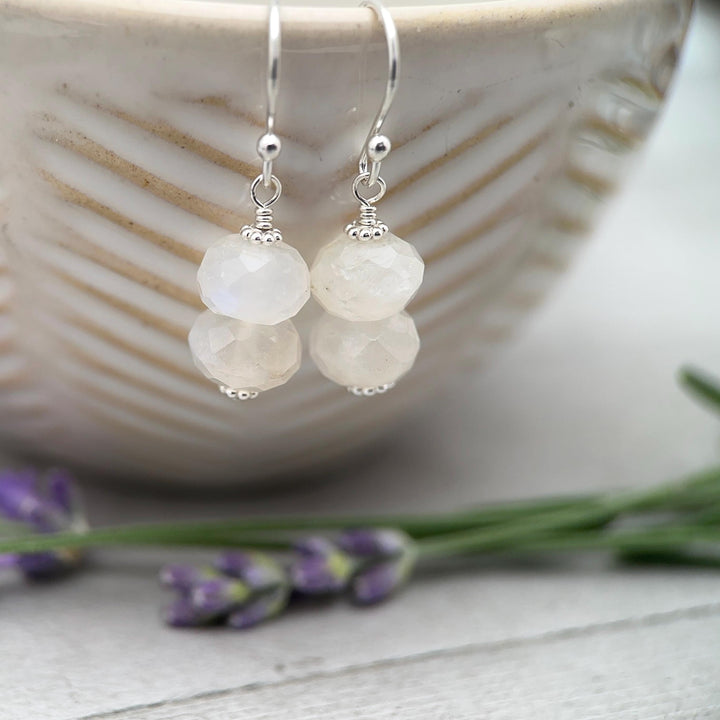 Faceted Moonstone and Sterling Silver Earrings. Flashy Glowing Stones - SunlightSilver
