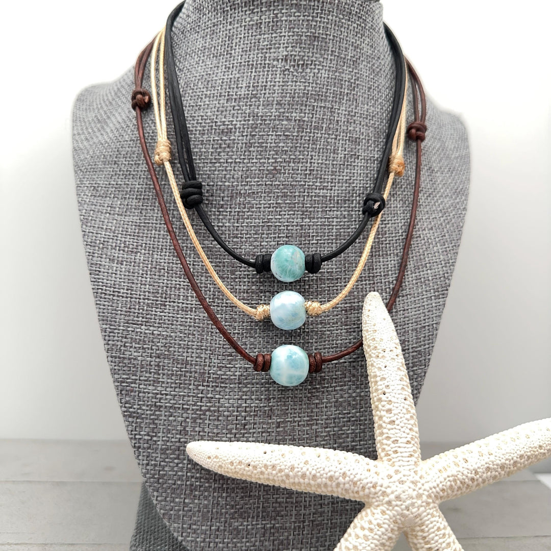 Larimar and Rustic Brown Leather Choker Necklace - SunlightSilver