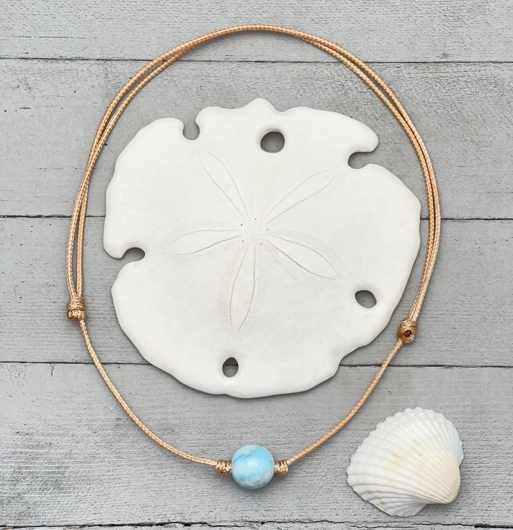 Larimar and Rustic Brown Leather Choker Necklace - SunlightSilver