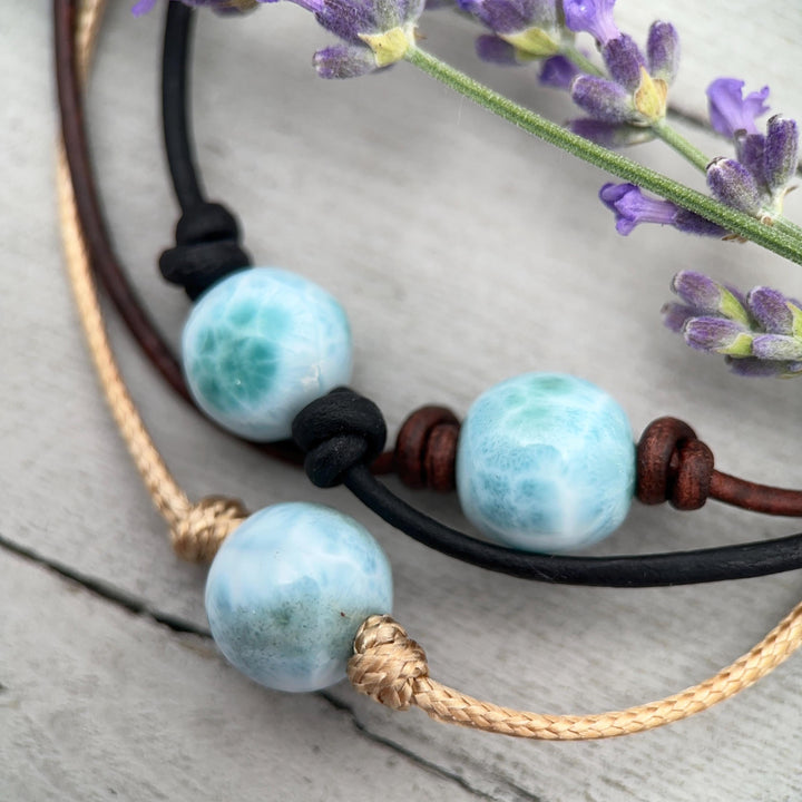 Larimar and Rustic Brown Leather Choker Necklace - SunlightSilver