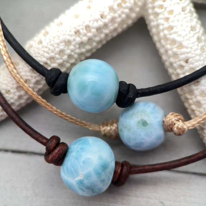 Larimar and Rustic Brown Leather Choker Necklace - SunlightSilver