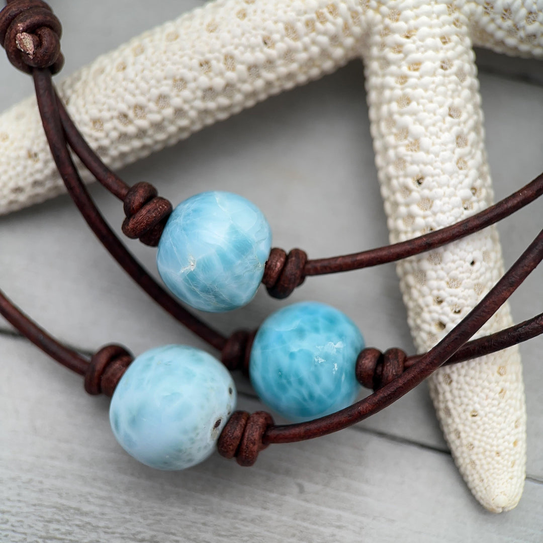 Larimar and Rustic Brown Leather Choker Necklace - SunlightSilver