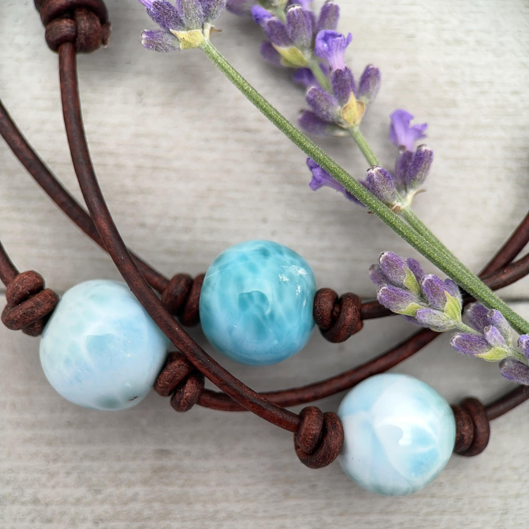 Larimar and Rustic Brown Leather Choker Necklace - SunlightSilver