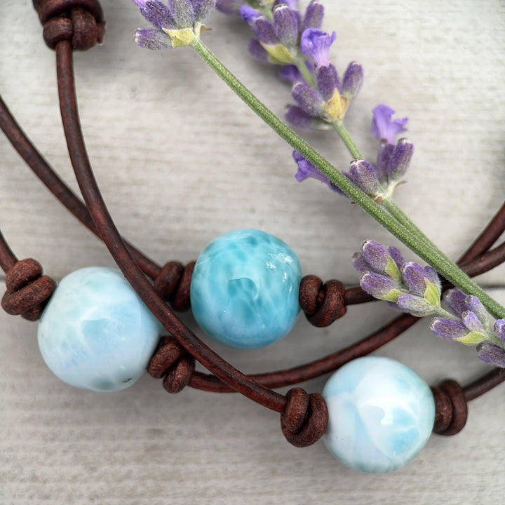 Larimar and Rustic Brown Leather Choker Necklace - SunlightSilver