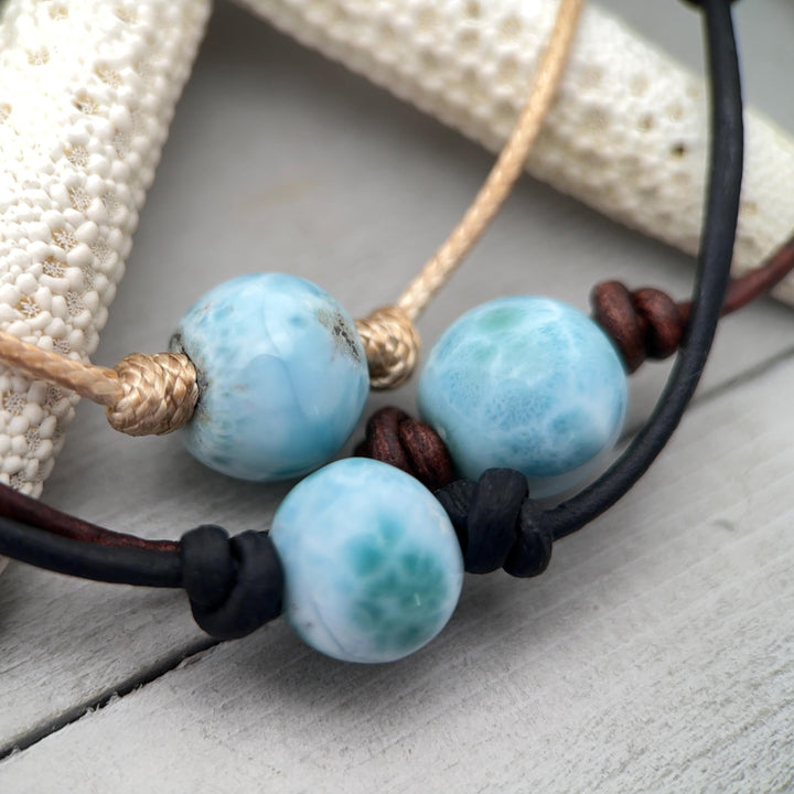 Larimar and Rustic Brown Leather Choker Necklace - SunlightSilver
