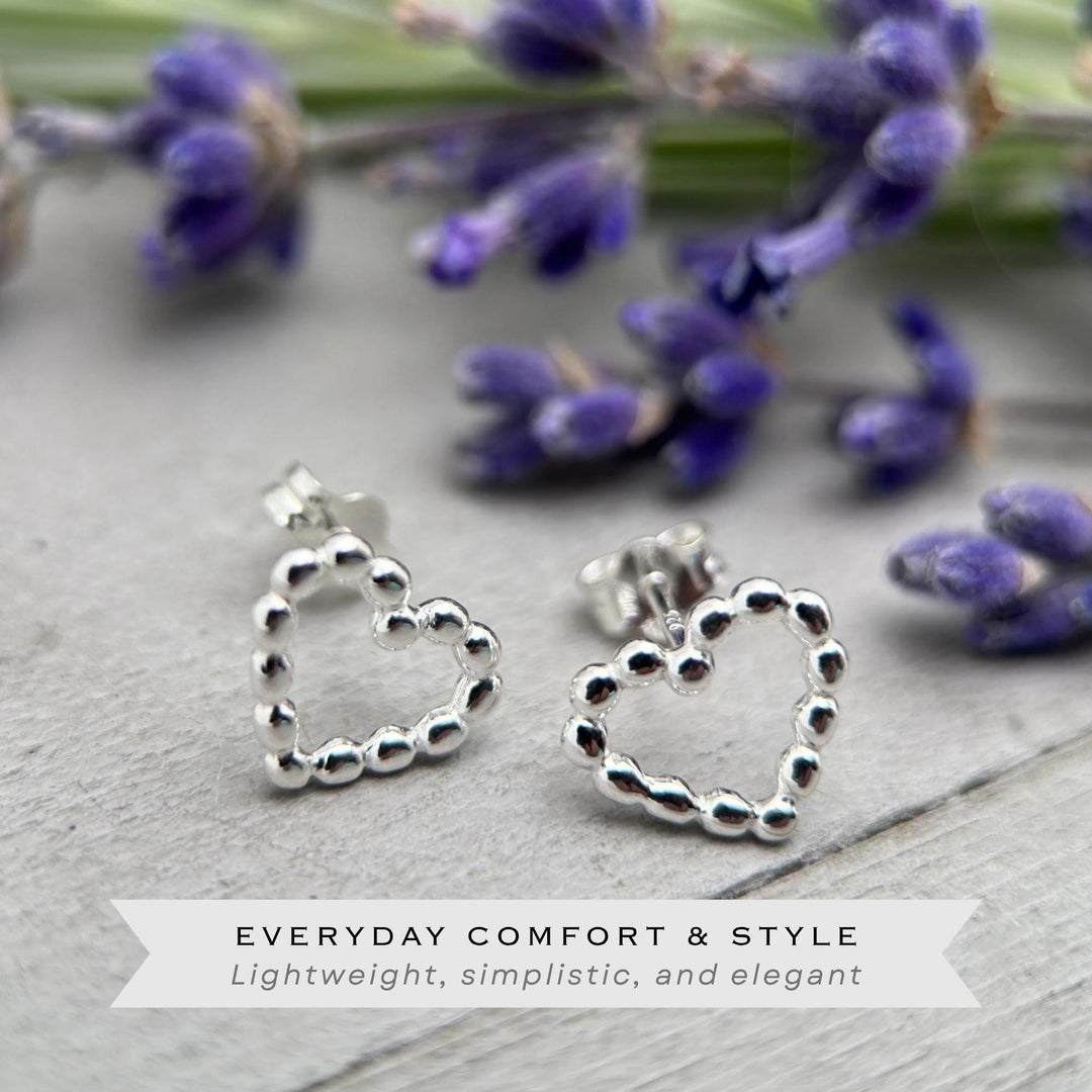 Beaded Heart Stud Earrings in Solid 925 Sterling Silver - SunlightSilver