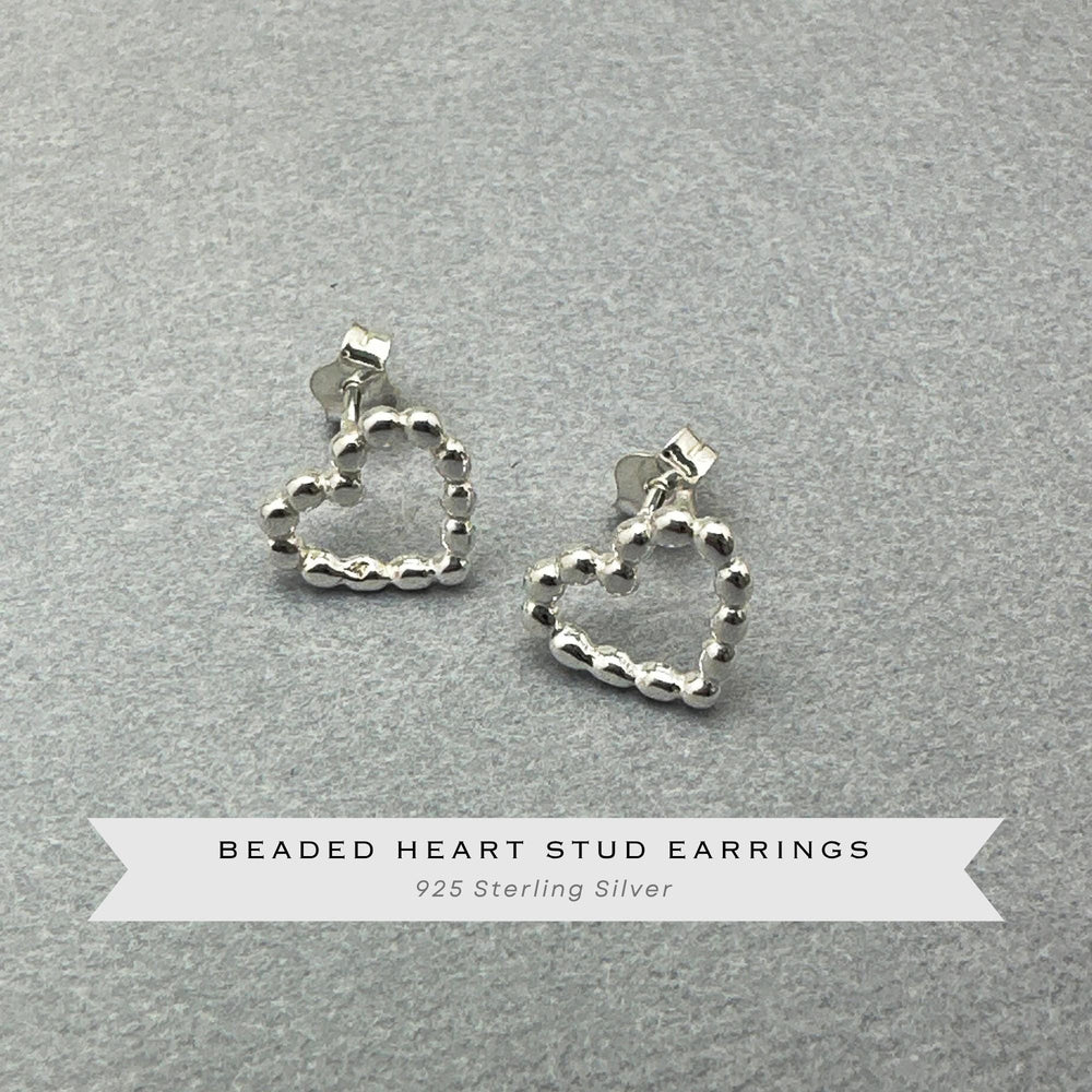 Beaded Heart Stud Earrings in Solid 925 Sterling Silver - SunlightSilver