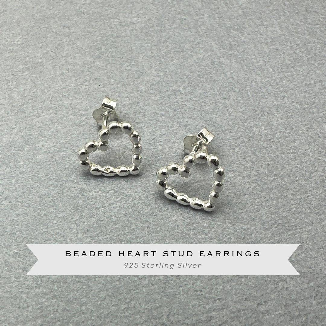 Beaded Heart Stud Earrings in Solid 925 Sterling Silver - SunlightSilver