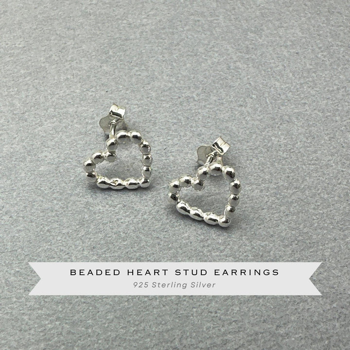 Beaded Heart Stud Earrings in Solid 925 Sterling Silver - SunlightSilver