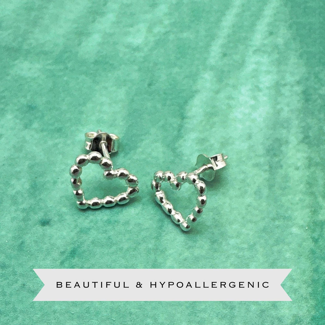 Beaded Heart Stud Earrings in Solid 925 Sterling Silver - SunlightSilver