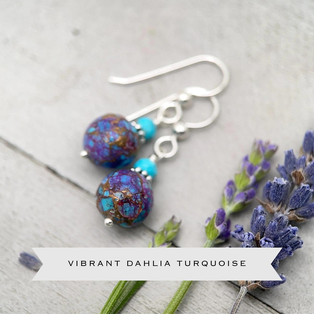 Kingman Mohave Turquoise Earrings | Sterling Silver | Purple Dahlia Spiny Oyster Shell Jewelry - SunlightSilver