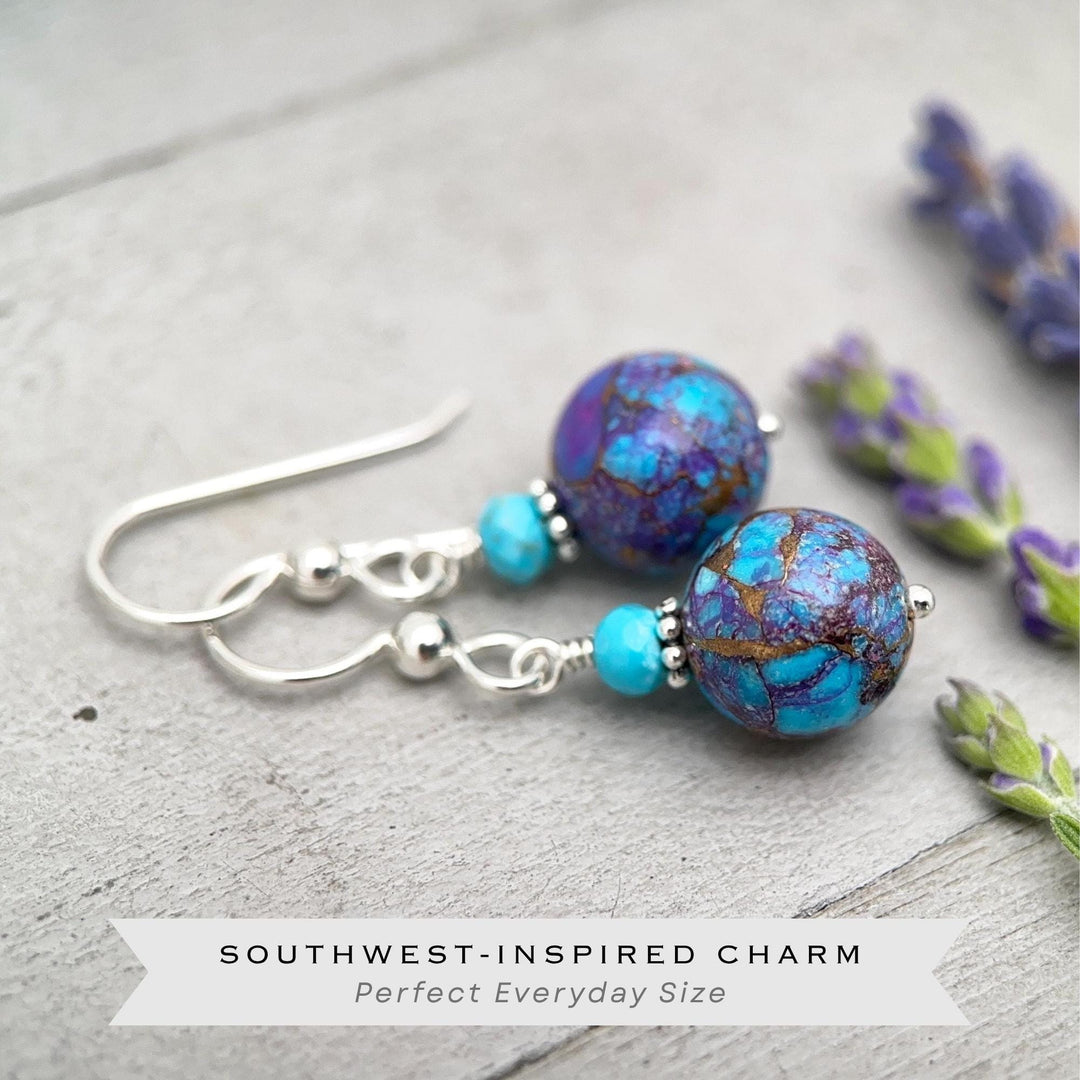 Kingman Mohave Turquoise Earrings | Sterling Silver | Purple Dahlia Spiny Oyster Shell Jewelry - SunlightSilver
